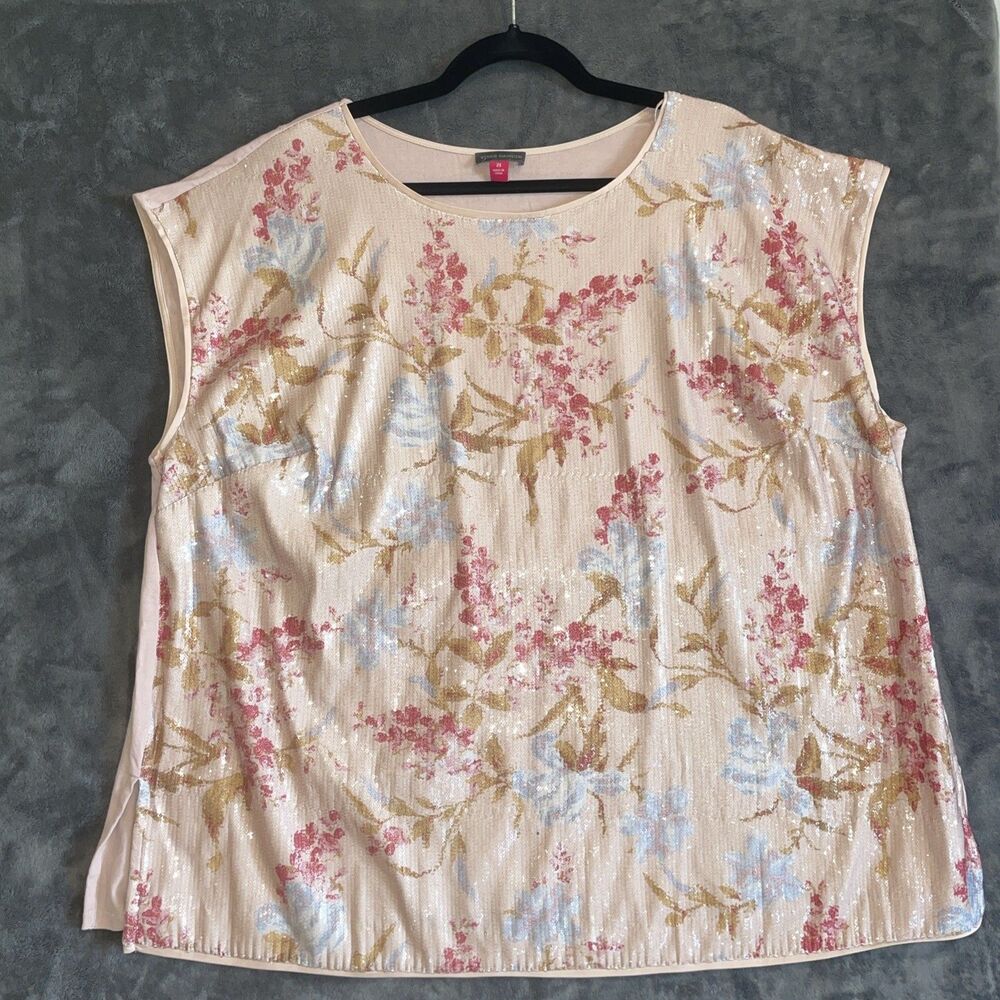 Vince Camuto Sequin Oasis Bloom Floral Peach Sleeveless Top Blouse 2X